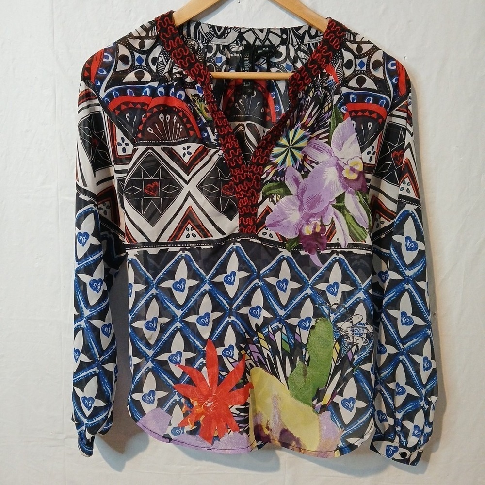 Desigual Sheer Multi Color Print Long Sleeve Tunic Top Size XS Blouse